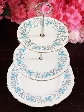 Handmade 3-Tier Blue Floral Bone China Cake Stand with Silver Trim Wedding Decor